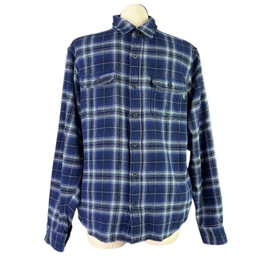 Woolrich Brawny Flannel Shirt Men XL Blue Plaid Button Long Sleeve Shacket